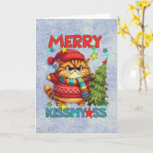 Grappige slecht getemperde kerstkat kaart (Gele Bloem)