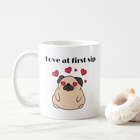 Grappige Smitten Pug Dog Love bij eerste slok Koffiemok (Met donut)