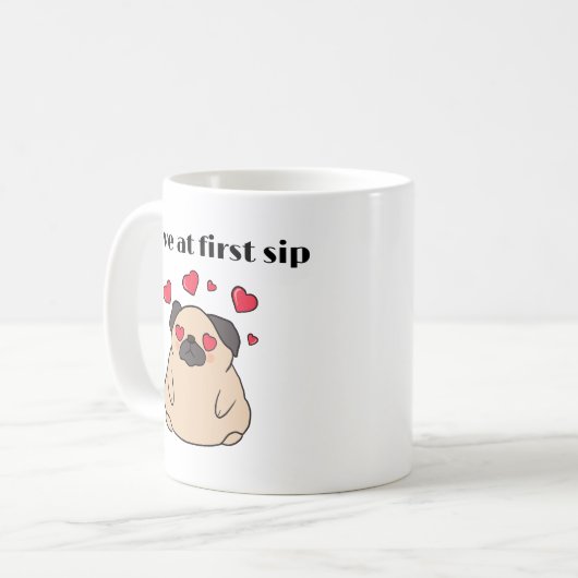 Grappige Smitten Pug Dog Love bij eerste slok Koffiemok (Voorkant links)