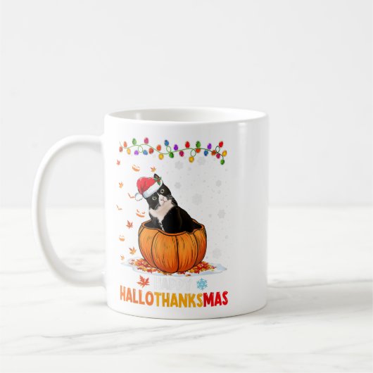 Grappige smoking kat op pompoen Happy Hallothanksm Koffiemok (Links)