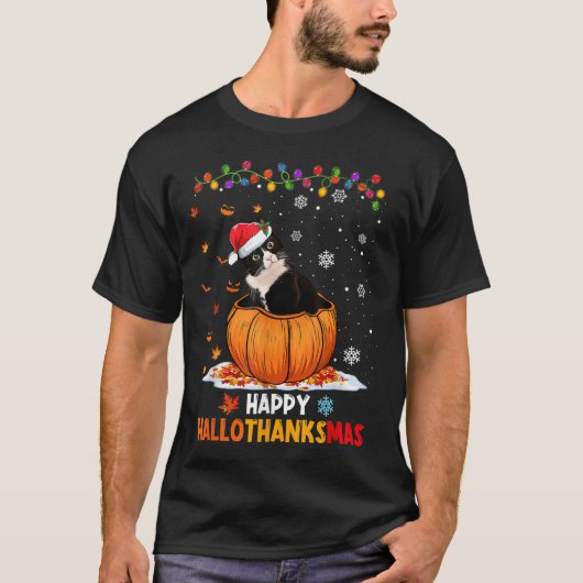 Grappige smoking kat op pompoen Happy Hallothanksm T-shirt (Voorkant)