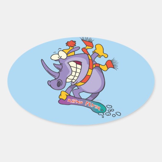 grappige sneeuwboarder cartoon rhino ovale sticker (Voorkant)
