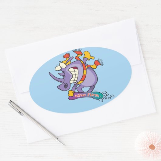grappige sneeuwboarder cartoon rhino ovale sticker (Envelop)
