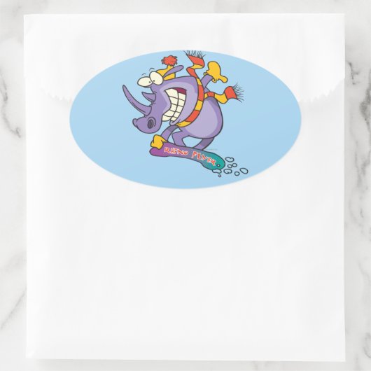 grappige sneeuwboarder cartoon rhino ovale sticker (Tas)