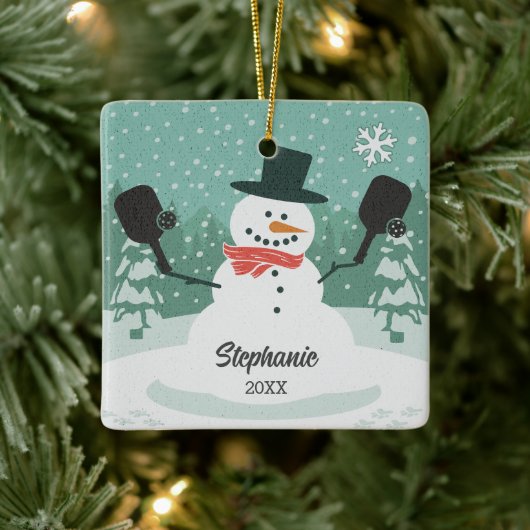 Grappige Sneeuwman Custom Pickleball Kerst Ornamen Keramisch Ornament (Boom)