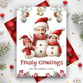Grappige Sneeuwman Familie Foto Gezicht Cool Plezi Feestdagenkaart