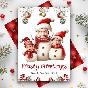Grappige Sneeuwman Familie Foto Gezicht Cool Plezi Feestdagenkaart