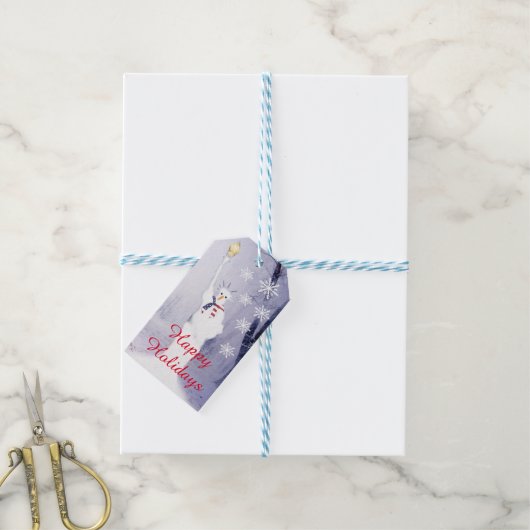 Grappige sneeuwman patriottische Amerikaanse Kerst Cadeaulabel (Met Touw)