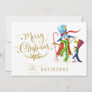 Grappige Sneeuwman Pinguïn Goud Glitters Vrolijk K Feestdagenkaart