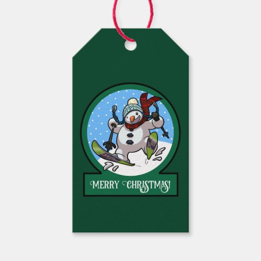 Grappige Sneeuwman Prettig Kerstfeest! Skiën Carto Cadeaulabel (Voorkant)