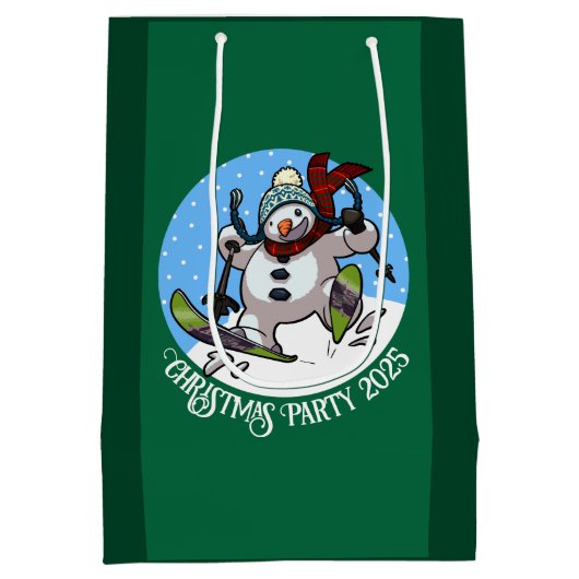 Grappige sneeuwman skiën kerstfeest 2025 Cartoon Medium Cadeauzakje (Achterkant)