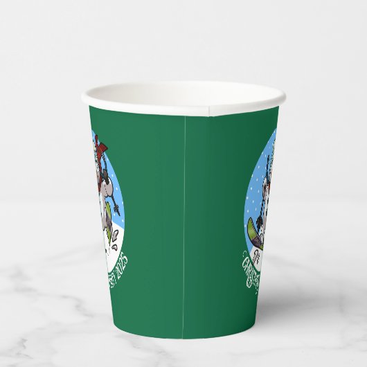 Grappige sneeuwman skiën kerstfeest jaar Cartoon Papieren Bekers (Rechts)