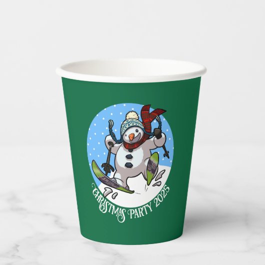 Grappige sneeuwman skiën kerstfeest jaar Cartoon Papieren Bekers (Voorkant)
