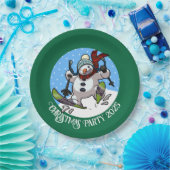 Grappige sneeuwman skiën kerstfeest jaar Cartoon Papieren Bordje (Feest)