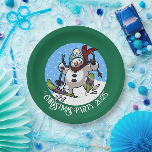 Grappige sneeuwman skiën kerstfeest jaar Cartoon Papieren Bordje (Feest)