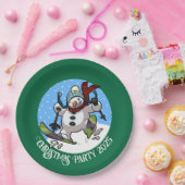 Grappige sneeuwman skiën kerstfeest jaar Cartoon Papieren Bordje (Feest)