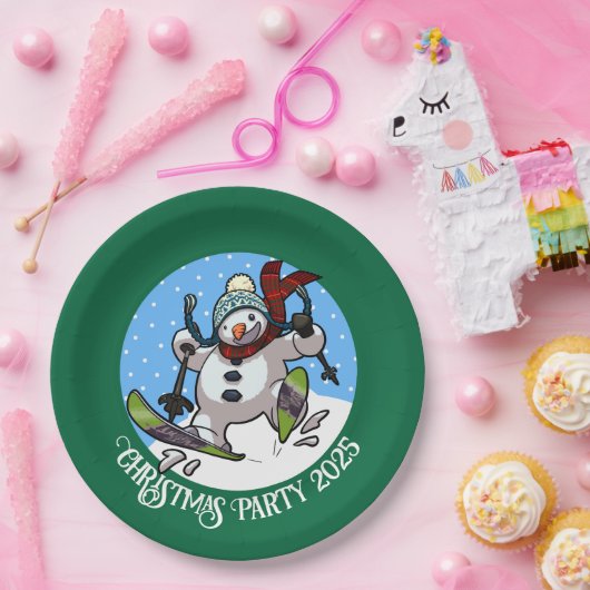 Grappige sneeuwman skiën kerstfeest jaar Cartoon Papieren Bordje