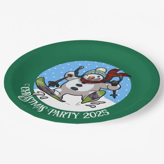 Grappige sneeuwman skiën kerstfeest jaar Cartoon Papieren Bordje (Gekanteld)