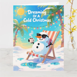 Grappige Sneeuwman Strand Kerst Droomt Van Koude Kaart