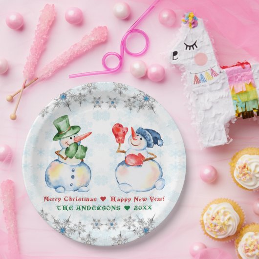 Grappige Sneeuwman Vrolijk Kerstmis Kristallen Sne Papieren Bordje (Feest)