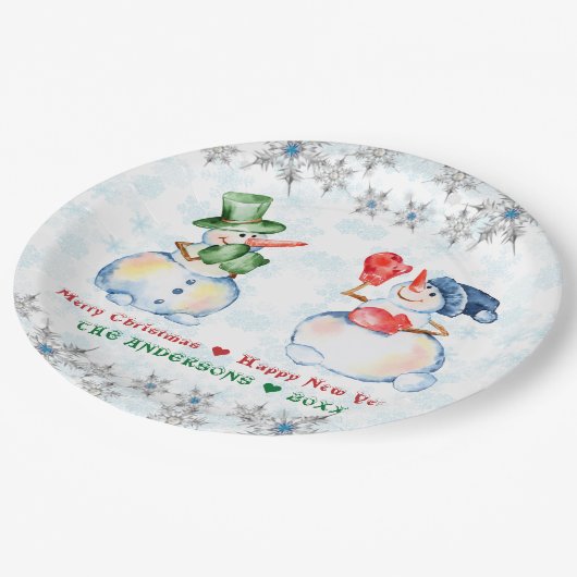 Grappige Sneeuwman Vrolijk Kerstmis Kristallen Sne Papieren Bordje (Gekanteld)
