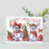 Grappige Sneeuwman Winter Kerstverlichting Feestdagenkaart (Staand voorkant)