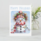 Grappige Sneeuwman Winter Kerstverlichting Feestdagenkaart (Staand voorkant)