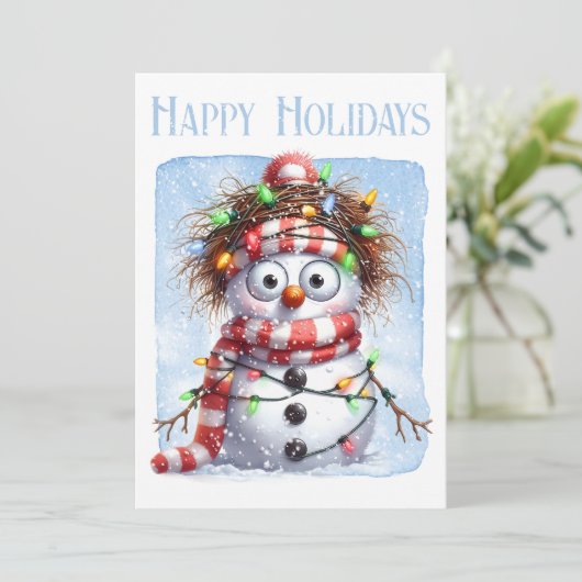 Grappige Sneeuwman Winter Kerstverlichting Feestdagenkaart (Staand voorkant)