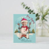 Grappige sneeuwpop skiën Kinder foto vakantie Feestdagenkaart (Staand voorkant)