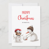 Grappige sneeuwpop uil vrolijk kerstfeest feestdagenkaart (Voorkant)