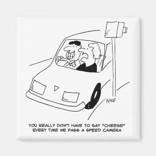 Grappige Snelheidscamera Cartoon Toont Man die Rij Magneet