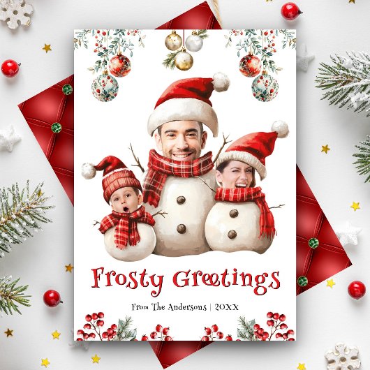 Grappige Snowman Familiefoto Face Cool Fun Kerstmi Feestdagenkaart