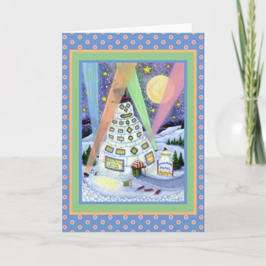 GRAPPIGE SNOWMAN HOTEL, NOORDERLICHT PINGUÏN Blank Feestdagen Kaart (Voorkant)