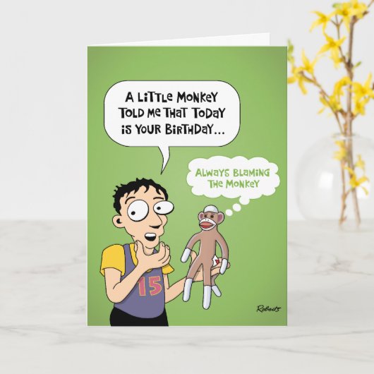 Grappige Sock Monkey verjaardag Kaart (Gele Bloem)