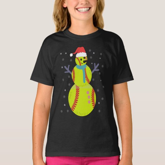 Grappige Softbal Sneeuwman Kerst Nieuwjaar Cadeau T-shirt (Voorkant)