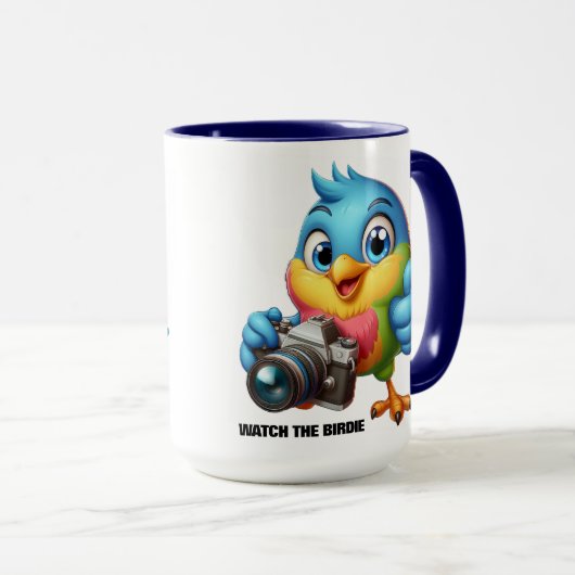 Grappige Songbird achter de camera lens Mok (Voorkant rechts)