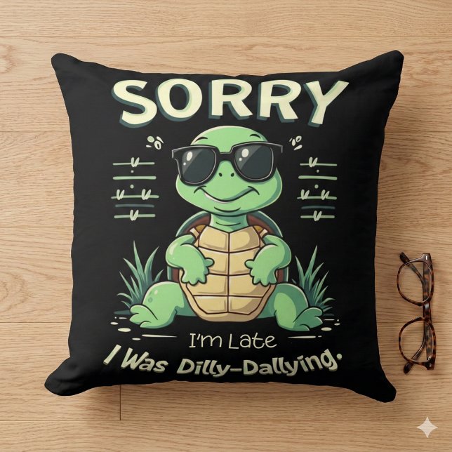 Grappige Sorry dat ik te laat ben Schildpad met Re Kussen (Funny Sorry I’m Late Turtle with Retro Aesthetic Throw Pillow Mockup C)