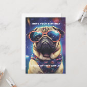 Grappige Space Pug met zonnebril Custom Birthday Kaart (Voorkant / Achterkant in situ)