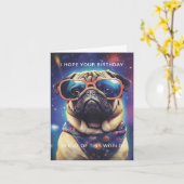 Grappige Space Pug met zonnebril Custom Birthday Kaart (Gele Bloem)