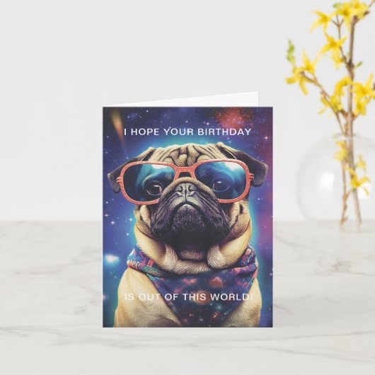 Grappige Space Pug met zonnebril Custom Birthday Kaart (Gele Bloem)