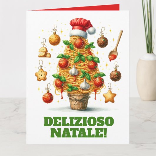 Grappige spaghetti kerstboom Delizioso Natale! Kaart (Voorkant)