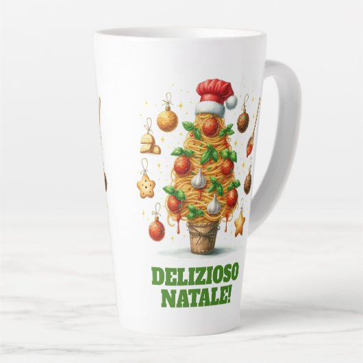 Grappige spaghetti kerstboom Delizioso Natale! Latte Mok (Rechterhoek)