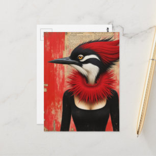 Grappige specht in een zwarte jurk mixed media kun briefkaart