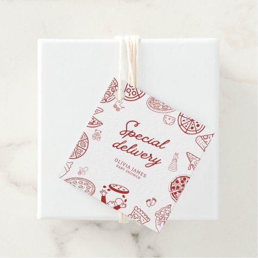 Grappige speciale bezorging pizza baby shower bedankjes labels (In situ)
