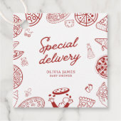 Grappige speciale bezorging pizza baby shower bedankjes labels (Voorkant)
