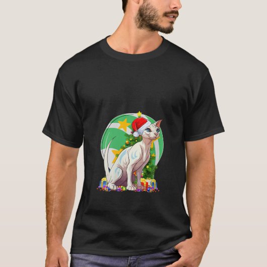Grappige Sphynx Kat Kerstman Boom Decor V Hals T-shirt (Voorkant)