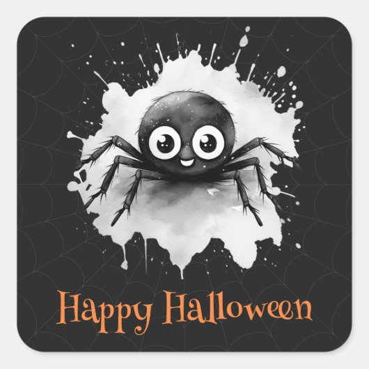 Grappige Spider Cobweb Happy Halloween Vierkante Sticker (Voorkant)