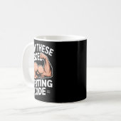 Grappige spieren schrijven code zeggen programmeur koffiemok (Voorkant links)