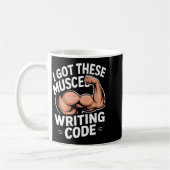 Grappige spieren schrijven code zeggen programmeur koffiemok (Links)