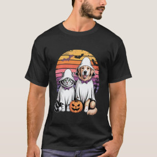 Grappige spook kat hond Halloween Retro zonsonderg T-shirt